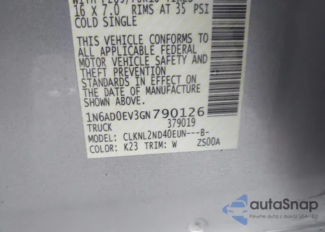 2016 Nissan Frontier Sv z USA, uszkodzony, nr VIN 1N6AD0EV3GN790126